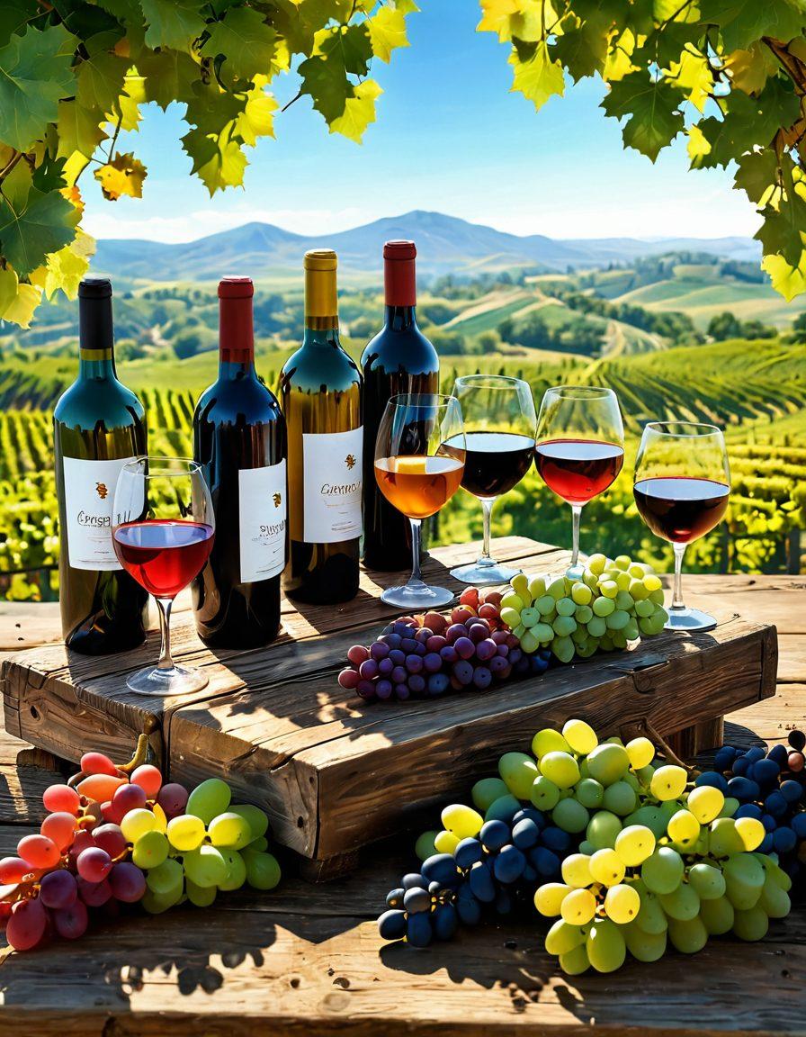 A beautifully arranged wine selection showcasing an array of colorful wine bottles and glasses, surrounded by lush green grapevines under a bright sun. Include a rustic wooden table and a vineyard landscape in the background, evoking a sense of joy and celebration. Emphasize vibrant colors and rich textures. super-realistic. vibrant colors. 3D.