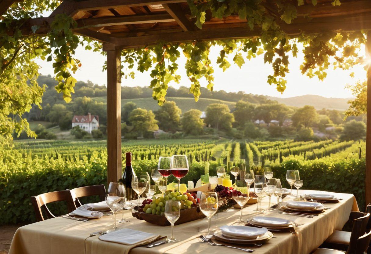 A rustic yet elegant country inn surrounded by lush vineyards, with a picturesque setting of wine glasses filled with rich red and sparkling white wines on a beautifully set table. Sunlight filters through the leaves creating a warm glow, while guests cheerfully engage in a tasting experience. Include a cozy fireplace in the background and delicate cheese pairings next to the wine. super-realistic. vibrant colors. nature-inspired.