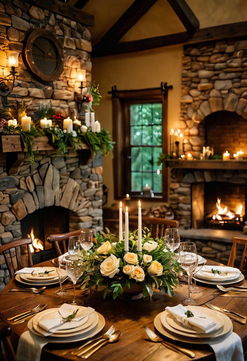A cozy rustic lodge setting surrounded by lush greenery, featuring a beautifully set dining table with fine china, candles, and elegant cutlery. In the background, a warm fireplace crackles, creating a serene atmosphere, complemented by soft, golden lighting. Include subtle touches of nature like floral arrangements and wooden accents to evoke tranquility. super-realistic. warm colors. gentle lighting.